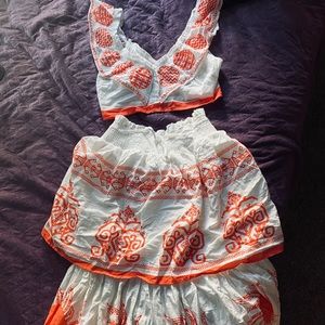 Orange and white two piece maxi skirt set